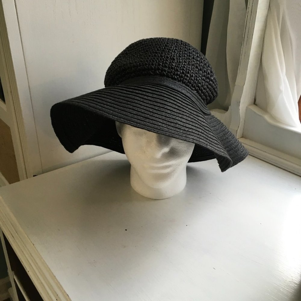 Black Wide Brim Floppy Sun Hat Grommets Black Ribbon - Picture 3 of 6
